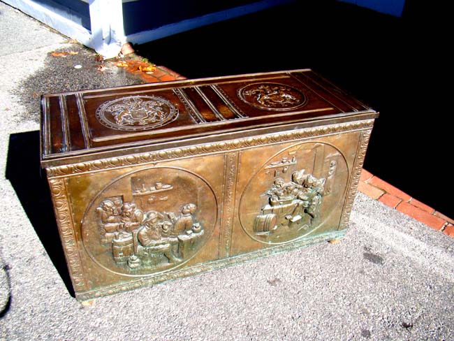A 19th century Dutch brass repousse decorated coffer
